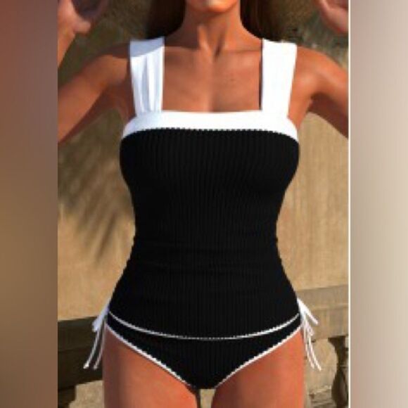 NEW Contrast Blk White Tankini Set - Picture 1 of 1